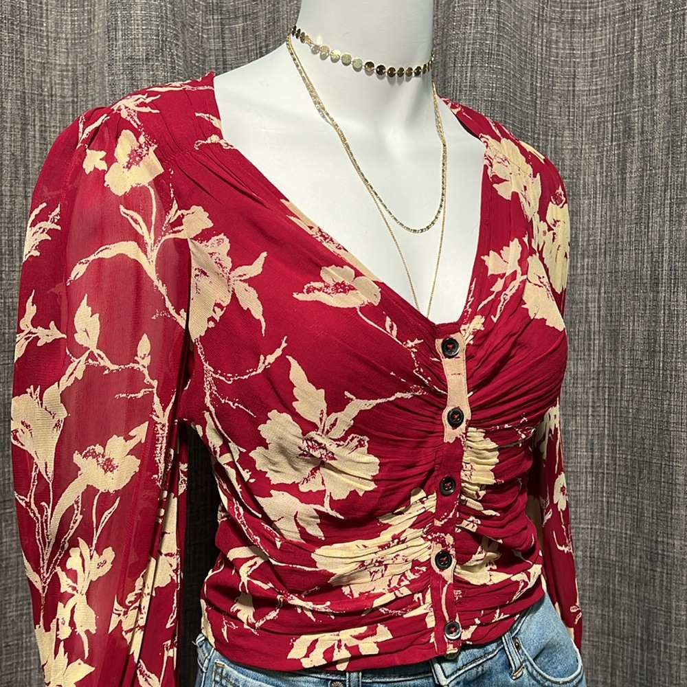 NWT Free People If You Had My Love Long Sleeve Printed Blouse Red Berry XS